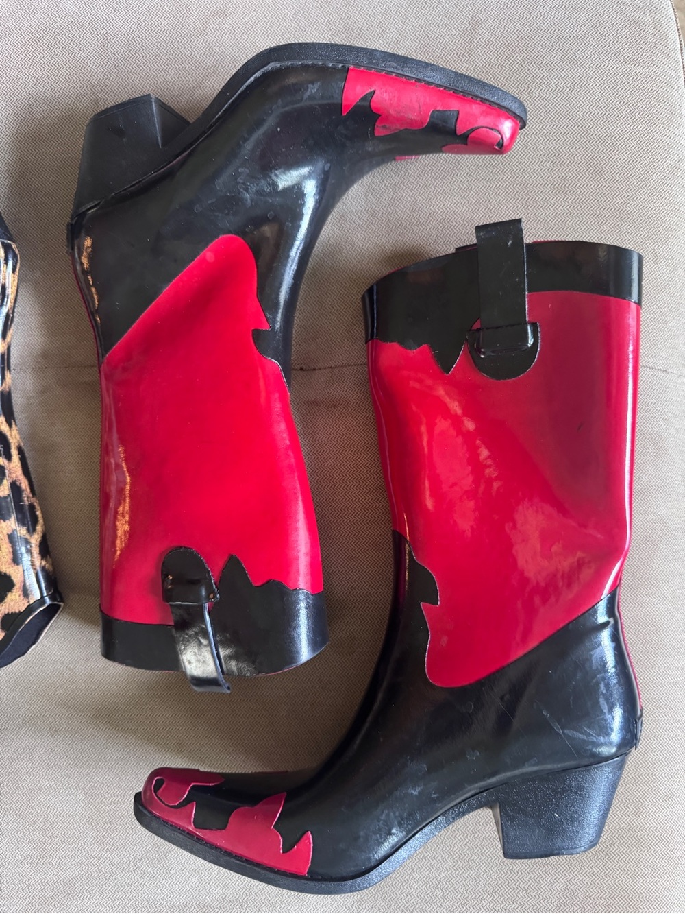 Corkys Black and Red Glossy Western-Style Mid-Calf Heeled Rain Boots